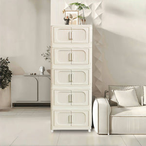 English Elm Cream White 5-Tier Folding Storage Cabinet With Magnetic Door & Wheels – Versatile Space-Saving Solution W2873P239386
