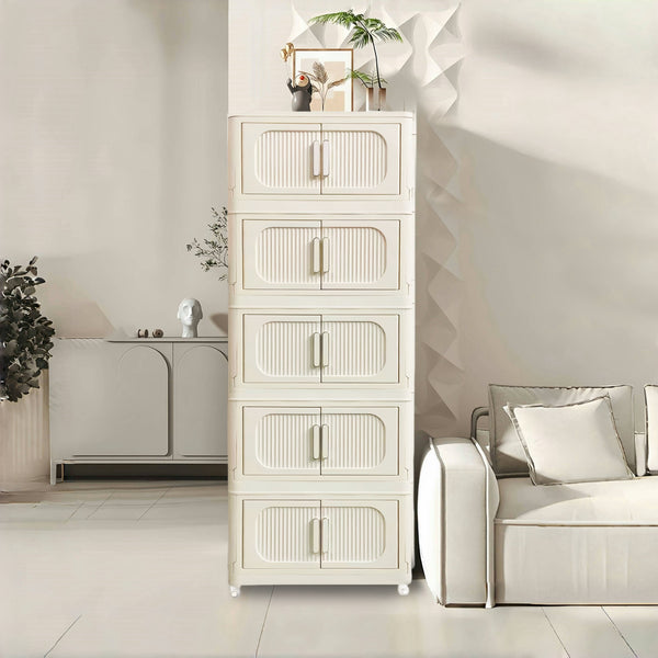 English Elm Cream White 5-Tier Folding Storage Cabinet With Magnetic Door & Wheels – Versatile Space-Saving Solution W2873P239386