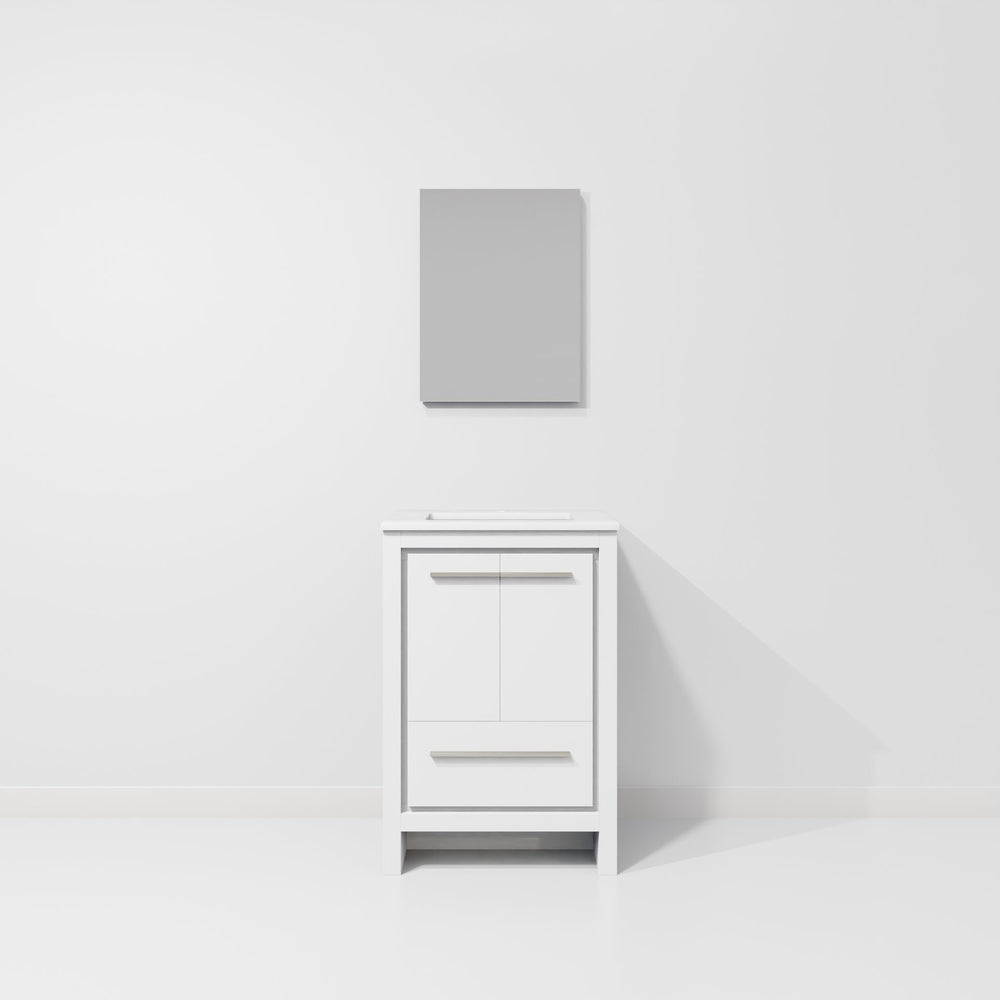 English Elm White Bath Vanity 24" W x 20" D with White Quartz Top, Soft-Close Storage & 18" x 24" Mirror B2731S01477