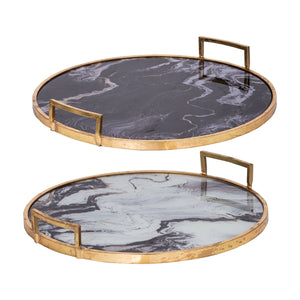 English Elm S/2 Marble Swirl Round Trays with Gold Handles Glam Decor for Home Display W2078P490397