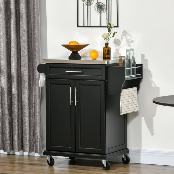 English Elm Homcom Rolling Kitchen Island Cart With Stainless Steel Top, Drawer, Spice Rack & Towel Holder, Black W2225P200674