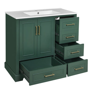 English Elm 36" Traditional Bathroom Vanity with Ceramic Sink, Solid Wood Cabinet, Soft-Close Doors & Drawers Green N729P251630F