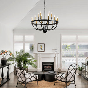 English Elm 15-light Industrial Farmhouse Chandelier Matte Black Iron Gold Candelabra Dining Foyer W5008P479819