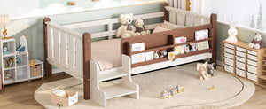 English Elm Twin Pine Floor Bed for Kids with Side Bookcases Built-in Stairs and Safety Guardrails Beige W1580P390214