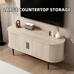 English Elm Tv Stand 47 Inch Mid-century Console with Fluted Sliding Door and Tapered Wood Legs W2641P442533