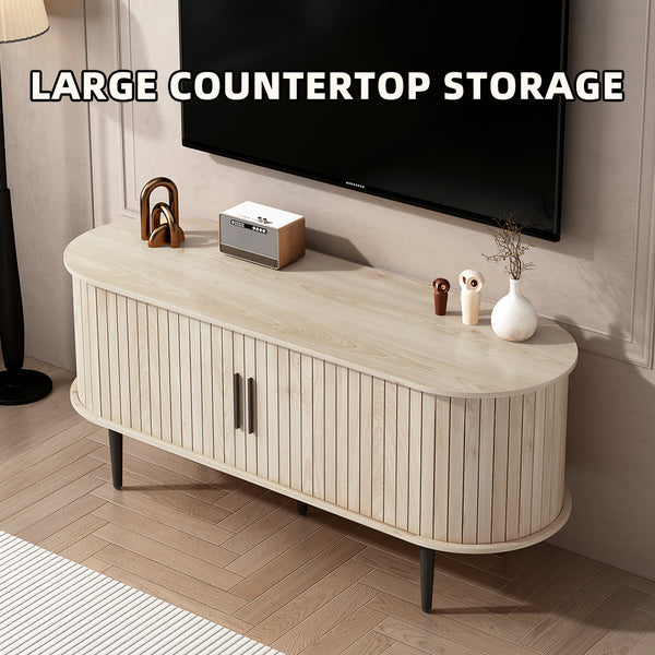 English Elm Tv Stand 47 Inch Mid-century Console with Fluted Sliding Door and Tapered Wood Legs W2641P442533