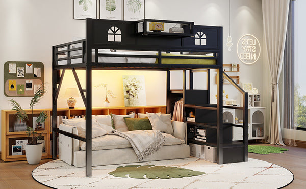 English Elm Full Size Steel Loft Bed with Staircase Storage Wardrobe Desk and Led Lighting Black W2593S00055