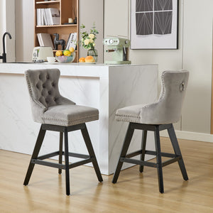 English Elm Swivel Velvet Barstool with Tufted Back, 360° Swivel, Plush Foam & Steel Spring Seat, Sturdy Wood Frame (Set of 2) Gray W1143P241330
