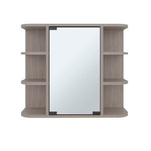 English Elm Medicine Cabinet with Mirrored Door Six Open Shelves Light Gray Bathroom Wall Storage B097133146