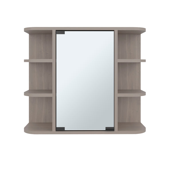 English Elm Medicine Cabinet with Mirrored Door Six Open Shelves Light Gray Bathroom Wall Storage B097133146
