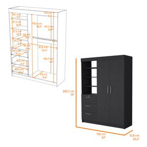 English Elm Tempe Black 3-Drawer Armoire with 3-Tier Display Shelves, 2-Door Closet Space & Metal Handles B128S00119