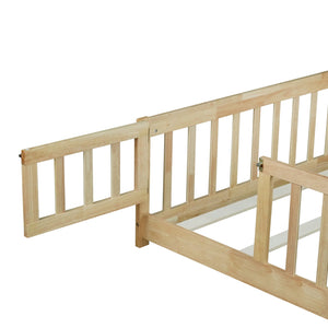 English Elm Queen Rubberwood Floor Bed with Perimeter Fence and Latch Door for Toddler Safety W504P370525