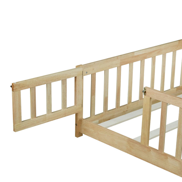 English Elm Queen Rubberwood Floor Bed with Perimeter Fence and Latch Door for Toddler Safety W504P370525