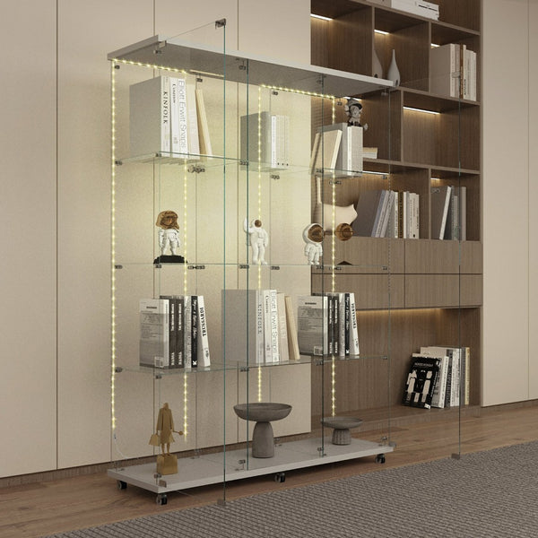 English Elm Tempered Glass Display Cabinet With Bluetooth Led Lighting, Lock & Casters For Stylish Storage Solutions W3155S00012-GIGA