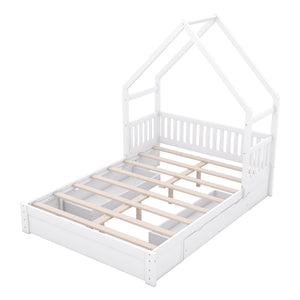 English Elm Wood Queen Size House Platform Bed with Guardrail and 2 Drawers — Charming Kids’ Playful Storage Bedframe White GX000726AAK