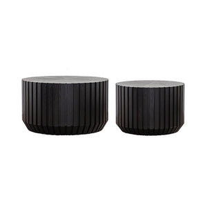 English Elm Set of 2 Fluted Round Nesting Tables Matte Black Solid Wood Living Room Accent W3158P395513