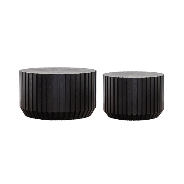 English Elm Set of 2 Fluted Round Nesting Tables Matte Black Solid Wood Living Room Accent W3158P395513
