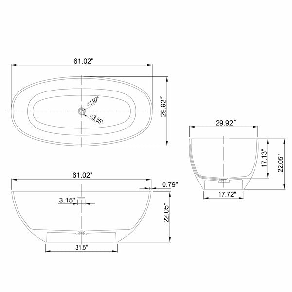 English Elm 61 Inch Stone Resin Freestanding Bathtub Matte White Sculptural Soaking Spa Design W1613P368241