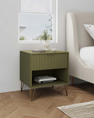 English Elm Dumbo Olive Green Fluted Nightstand With Gold Accents - Chic 1-Drawer Storage For Small Spaces B365P398153