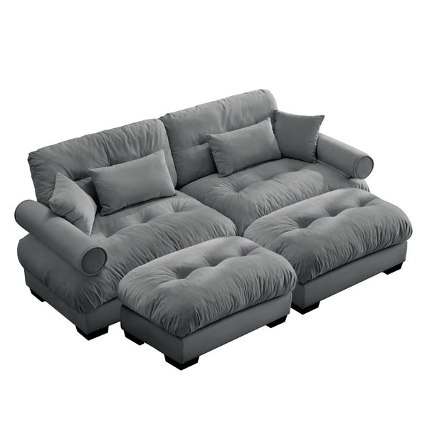 English Elm Over Size Modern Two-Seater Sofa With Ottoman, Plush Velvet, Round Bolster Armrests & Pillows W714S01124-GIGA