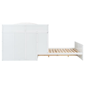 English Elm Full Size Offset Bunk Bed with Wardrobe Hanging Rod Drawers and Upholstered Rail White N820S00081K