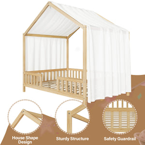 English Elm Montessori House Bed Frame Twin with Canopy & Full Guardrails, Cozy Kids Platform Bed for Toddlers Natural 77.8 L x 17.25 W x 7 H N733P356048M