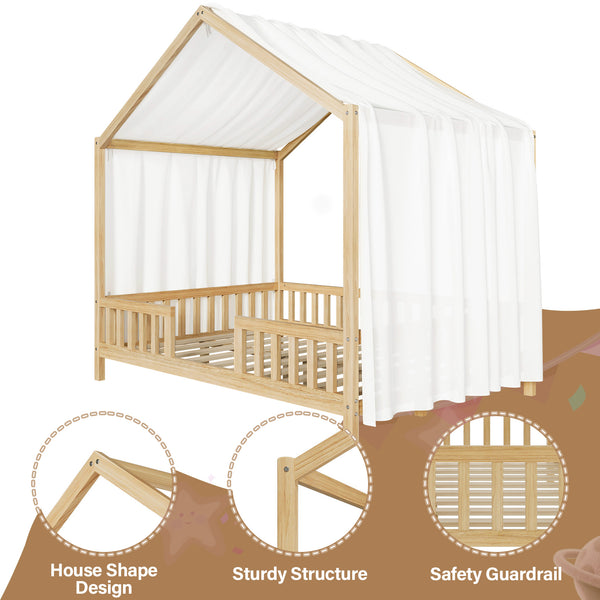 English Elm Montessori House Bed Frame Twin with Canopy & Full Guardrails, Cozy Kids Platform Bed for Toddlers Natural 77.8 L x 17.25 W x 7 H N733P356048M
