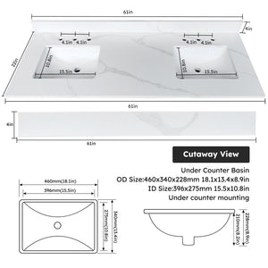 English Elm 61-inch Carrara Quartz Vanity Top Undermount Sink Backsplash Stain Resistant Bath W2699P459411