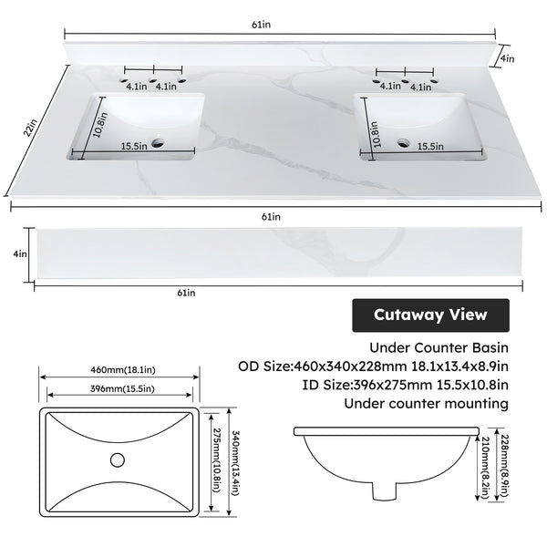 English Elm 61-inch Carrara Quartz Vanity Top Undermount Sink Backsplash Stain Resistant Bath W2699P459411