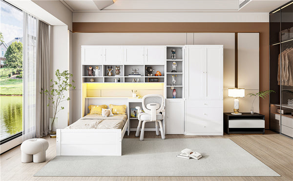 English Elm Wooden Twin Loft Bed with Built-in Desk Wardrobe Storage Drawers and Led Lighting N820S00069K