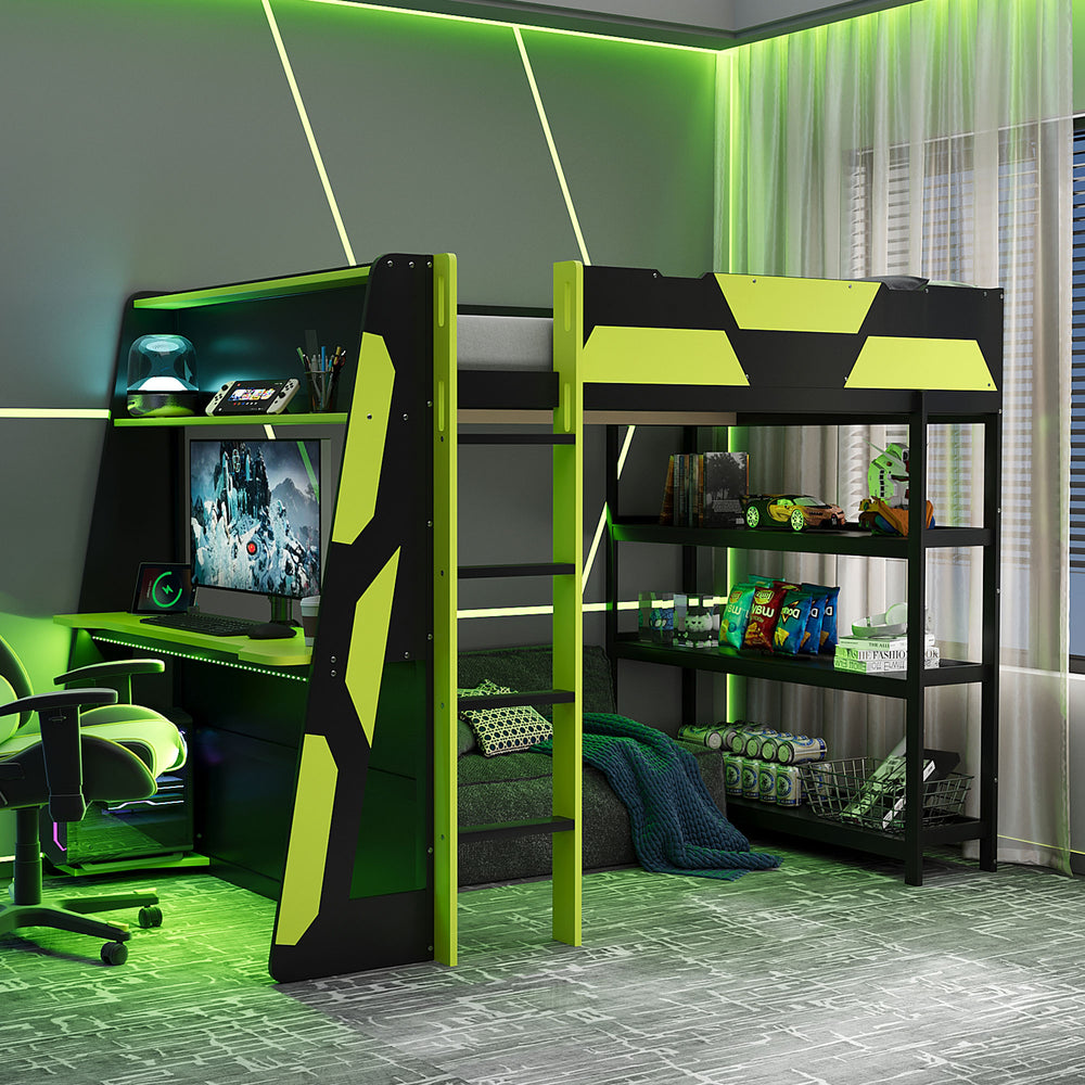 English Elm Full Size Gaming Loft Bed with Led Lighting Desk Shelves and Usb Charging Ports N820S00076F