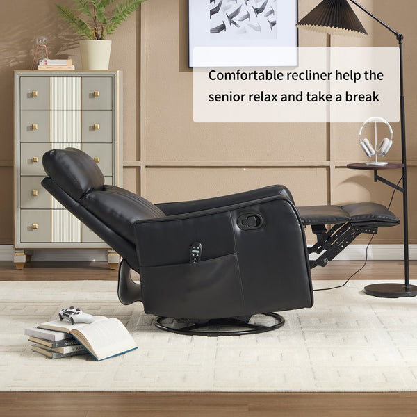 English Elm Blue Fabric Swivel Rocker Recliner with Massage Heat Nodes for Living Room Comfort Black Pu W1803P321812