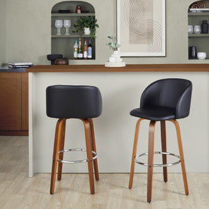 English Elm Fixed-height Swivel Barstools Walnut Bentwood Faux Leather Seat Chrome Footrest Set B202S01853