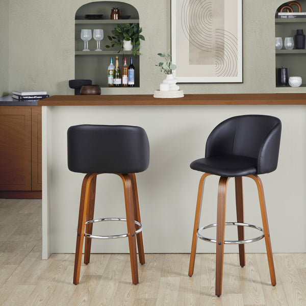 English Elm Fixed-height Swivel Barstools Walnut Bentwood Faux Leather Seat Chrome Footrest Set B202S01853