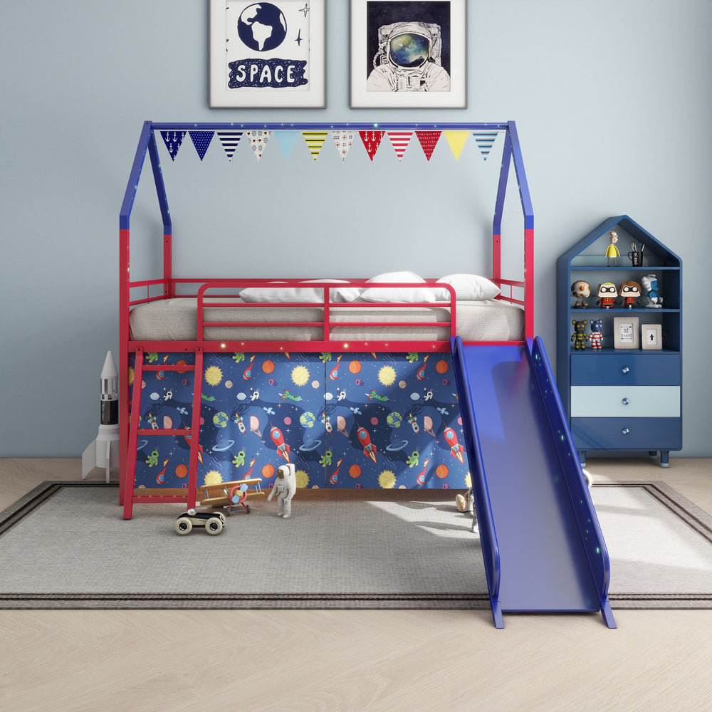 English Elm Jack Metal Junior Loft Bed With Slide & Curtain Set – Superhero Red & Blue Design For Fun Playtime! B083P354665
