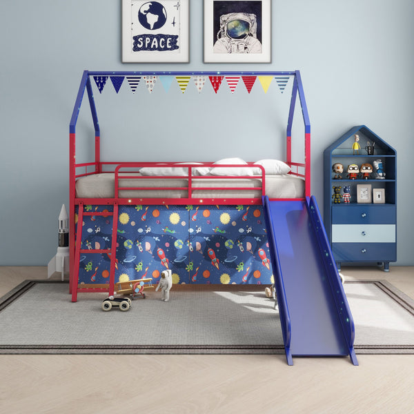 English Elm Jack Metal Junior Loft Bed With Slide & Curtain Set – Superhero Red & Blue Design For Fun Playtime! B083P354665