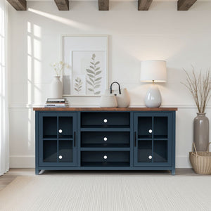 English Elm 67 Inch TV Stand Console Modern Farmhouse Two-Tone Jasmine Barnwood Finish Fully Assembled Storage and Cable Management for TVs Up to 80 Inches Blue B108P160177