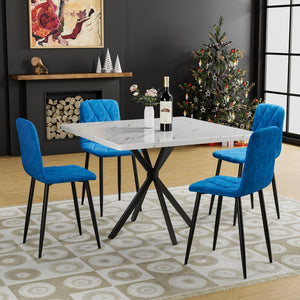 English Elm Square MDF Dining Set for 4 with Faux Marble Top, Mid-Century Modern Iron Legs, Easy-Clean Surface White+Blue W578S00022