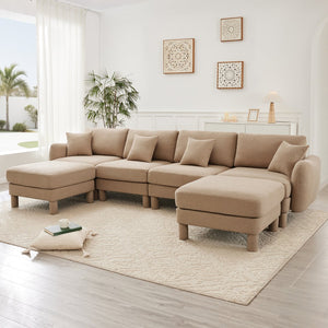 English Elm Boucle U-Shape Sectional Sofa - 4-Seater With Shell Armrests & Movable Ottomans In Coffee Color W3041S00289