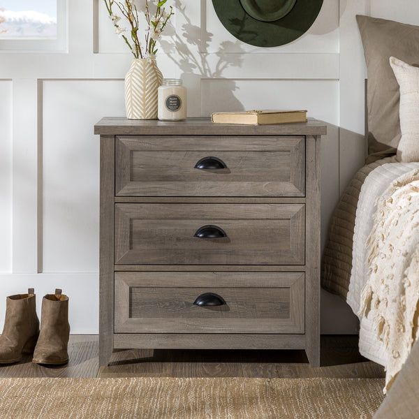 English Elm Walker Edison - Transitional Farmhouse 3-Drawer Nightstand with Framed Faces, Cup Handles, Smooth Glides, Durable MDF Finish Gray Wash 30 L x 22 W x 8 H B185P169301