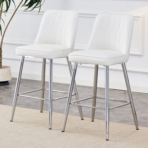 English Elm Modern White Pu Bar Stool - Silver Metal Legs With Cross Reinforcement.White,Silver Metal Legs,Bar Stool.Set Of 2 Chairs.