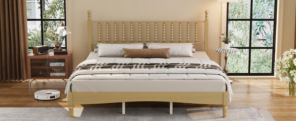 English Elm King Rubberwood Platform Bed Sculptural Gourd Headboard Retro Natural Finish Bedroom N733P338316M