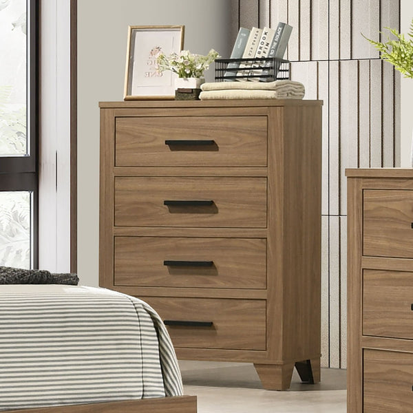 English Elm Transitional Chest with Four Deep Drawers and Black Bar Pulls, Elegant Bedroom Storage Piece Walnut 35 L x 19 W x 45 H B2741P402567