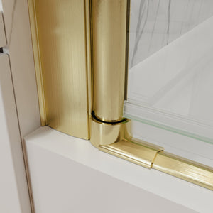 English Elm 34-36 in Frameless Pivot Shower Door Clear Tempered Glass with Brushed Gold Hardware W637P400612