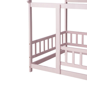 English Elm Twin Size House Floor Bed With Charming Roof Frame, Safety Guardrails & Soft Pink Finish For Kids W504P286405-GIGA
