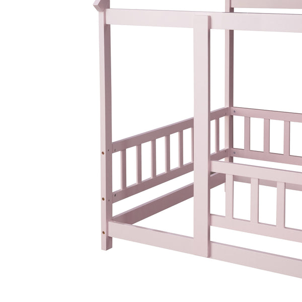 English Elm Twin House Frame Floor Bed Rubberwood Build with Safety Rails for Kids Bedroom W504P482178