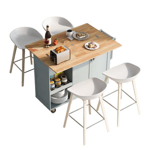 English Elm K&K Kitchen Island with Foldable Countertop, Spacious Mobile Storage Cart, Soft-Close Doors, Durable Rubberwood Top and Locking Wheels Grey-Blue N707P173036G