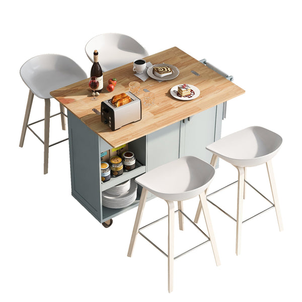 English Elm K&K Kitchen Island with Foldable Countertop, Spacious Mobile Storage Cart, Soft-Close Doors, Durable Rubberwood Top and Locking Wheels Grey-Blue N707P173036G