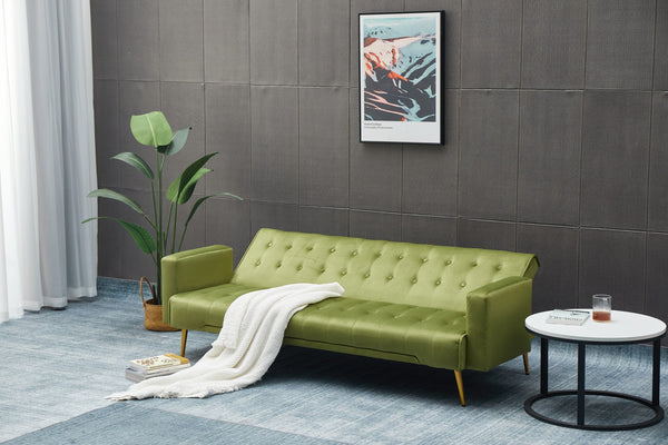 English Elm Sofa Bed Velvet Upholstered Convertible with Gold Metal Legs for Studio Spaces Army Green B205P246432
