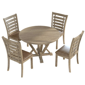 English Elm [5-Piece] Rustic Round Dining Table Set With Upholstered Chairs - Solid Wood, Farmhouse Charm & Comfort W2537S00001-GIGA
